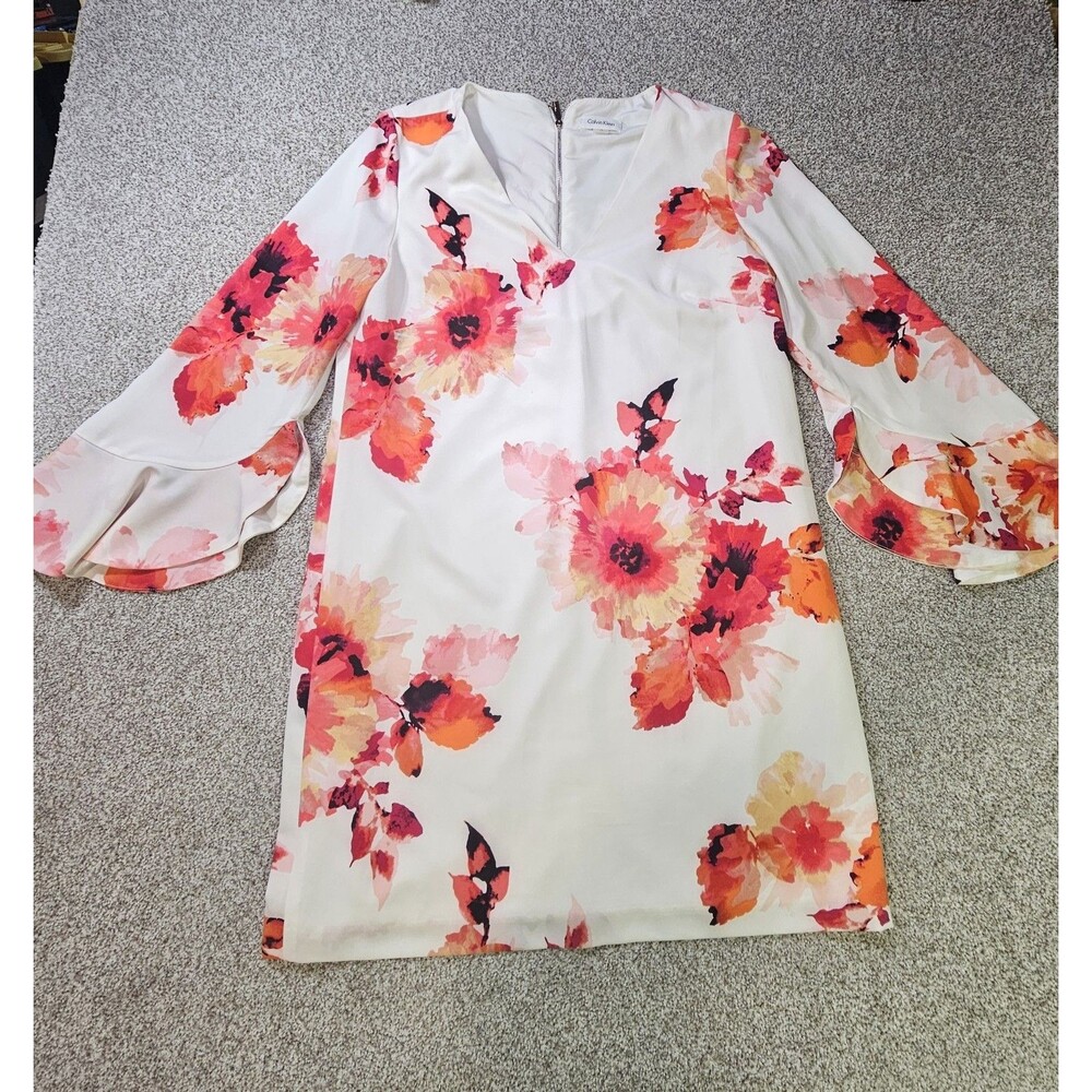 Calvin Klein‎ Dress Womens 12 White Floral Shift Short Zipper V-Neck Long Sleeve